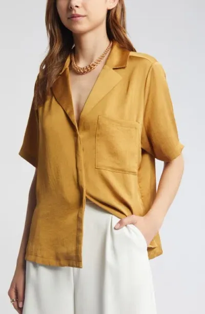 Open Edit Relaxed Satin Camp Shirt In Tan Wood