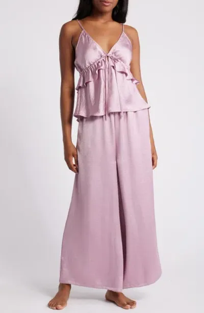 Open Edit Ruffle Tie Front Crop Wide Leg Satin Pajamas In Purple Dawn