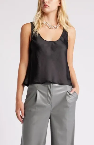 Open Edit Scoop Neck Satin Tank In Black