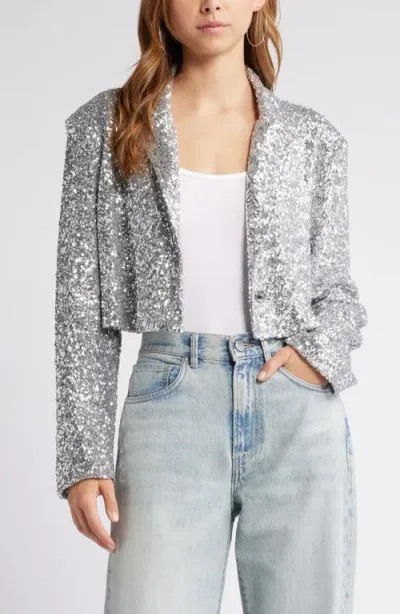 Open Edit Sequin Crop Blazer In Silver