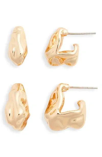 Open Edit Set Of 2 Molten Squared Huggie Hoop Earrings In Gold