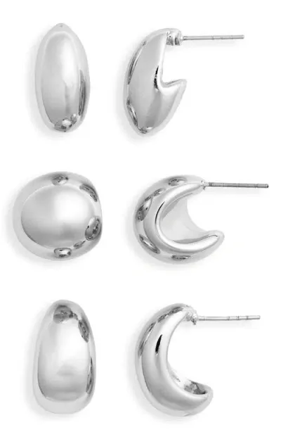 Open Edit Set Of 3 Puffy Hoop Earrings In Metallic