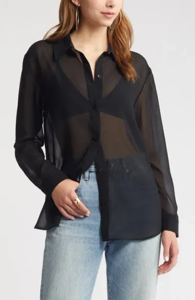 Open Edit Sheer Button-up Shirt In Black