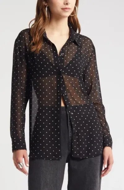 Open Edit Sheer Button-up Shirt In Black Ode Dot