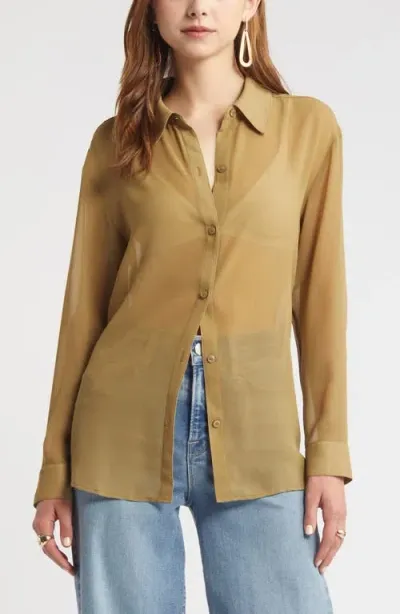 Open Edit Sheer Button-up Shirt In Olive Brine