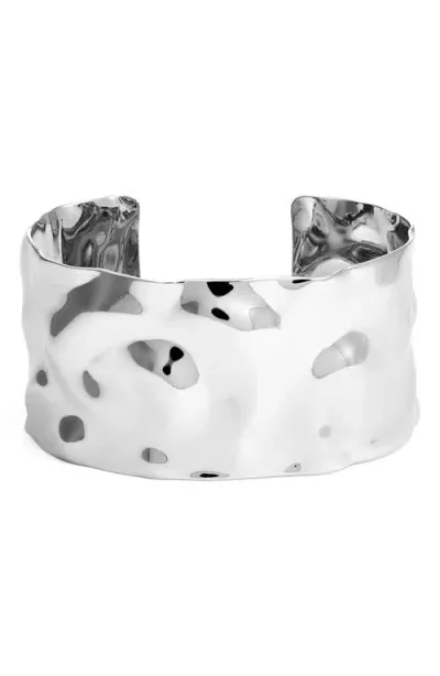 Open Edit Wide Hammered Cuff Bracelet In Rhodium