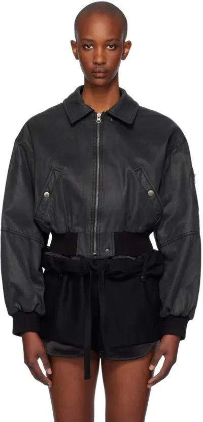 Open Yy Black Paper Like Crop Bomber Jacket