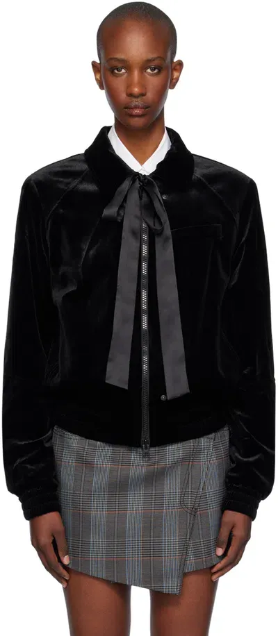 Open Yy Black Tie Velvet Bomber Jacket