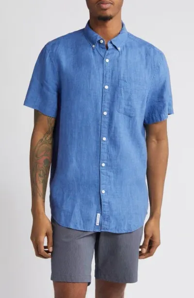 Original Penguin Delave Short Sleeve Linen Button-up Shirt In Star Sapphire