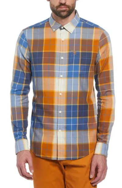 Original Penguin Plaid Stretch Button-down Shirt In Sudan Brown