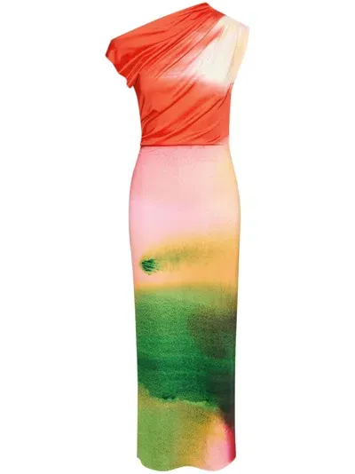 Oscar De La Renta Draped Detail  Abstract Watercolor Jersey Dress In Multi