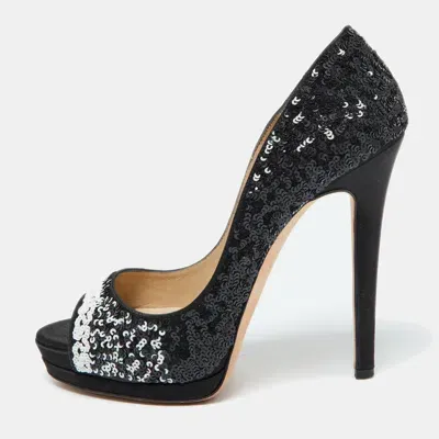 Pre-owned Oscar De La Renta Black Satin And Sequins Peep Toe Platform Pumps Size 38.5