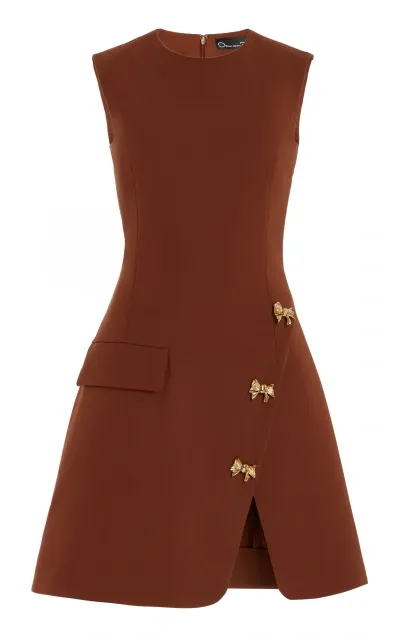 Oscar De La Renta Button-detailed Stretch-wool Mini Dress In Brown