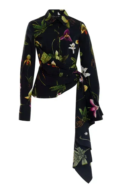 Oscar De La Renta Cap Sleeve  Orchid Button Detail Draped Blouse In Navy