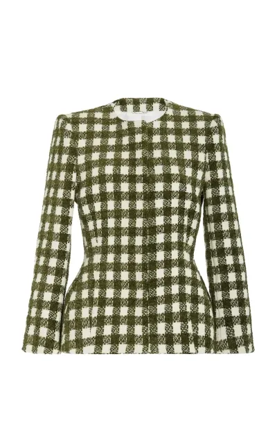 Oscar De La Renta Checkered Chenille-tweed Jacket In Ivory/olive