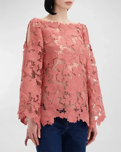 Oscar De La Renta Cold-shoulder Peony Guipure Blouse In Rouge