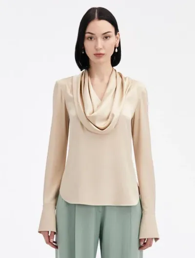 Oscar De La Renta Cowl Neck Satin Blouse In Nude