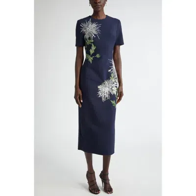 Oscar De La Renta Dandelion Crystal Embellished Virgin Wool Blend Dress In Navy