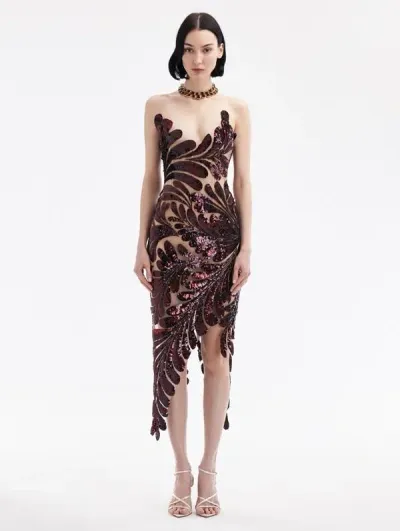 Oscar De La Renta Fern Sequin-embellished Midi Dress In Burgundy