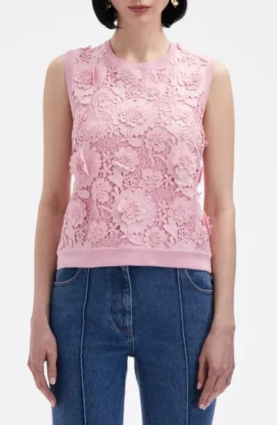 Oscar De La Renta Floral Guipure Inset Knit Tank Top In Soft Pink