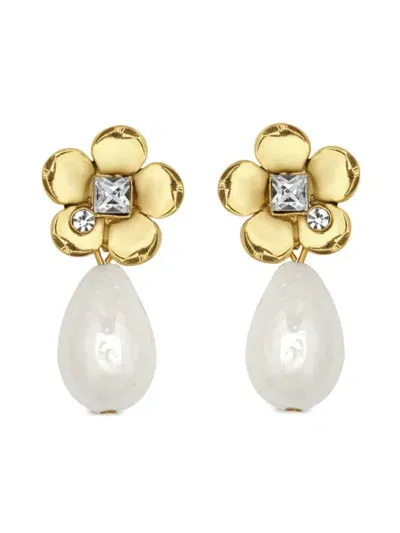 Oscar De La Renta Flower Pearl Drop Earrings In Gold