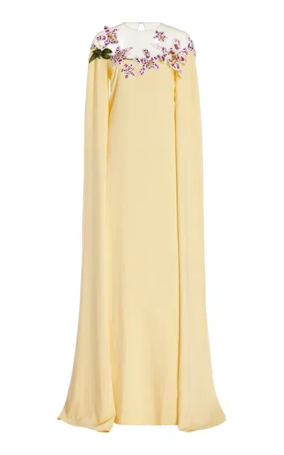 Oscar De La Renta Illusion Neck Orchid Threadwork Cape Back Caftan In Yellow