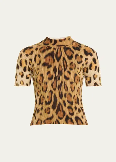 Oscar De La Renta Jaguar Print Ribbed Knit Top In Beige Multi