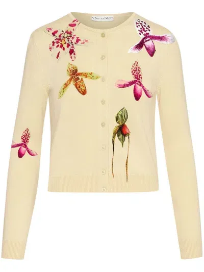 Oscar De La Renta Orchid-print Cardigan In Yellow