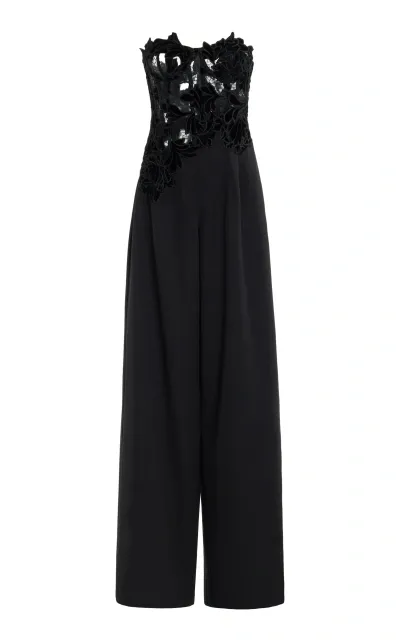 Oscar De La Renta Peony Guipure Velvet Jumpsuit In Black