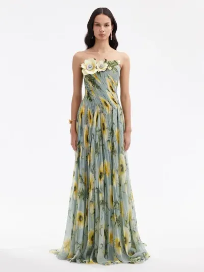 Oscar De La Renta Strapless Silk-chiffon Gown In Sage/yellow