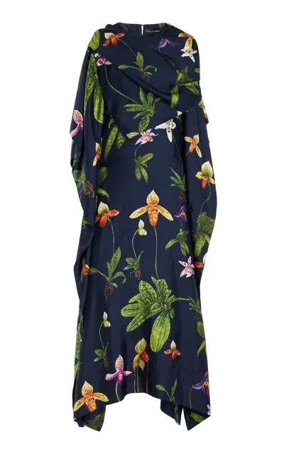 Oscar De La Renta Short Sleeve  Orchids Silk Twill Caftan In Navy