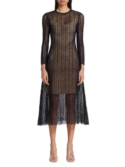 Oscar De La Renta Crocheted Cotton And Silk-blend Midi Dress In Navy