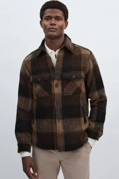 Oscar Jacobson Brushed Twill Check Overshirt In Brown