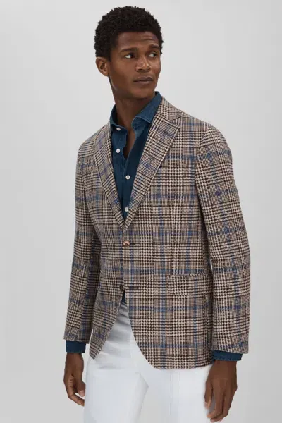 Oscar Jacobson Cotton Linen Single Breasted Check Blazer In Beige