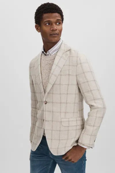 Oscar Jacobson Linen Blend Single Breasted Check Blazer In Cream