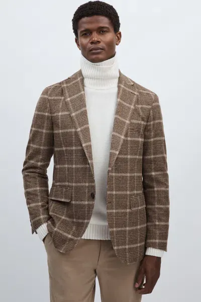 Oscar Jacobson Wool-blend Single-breasted Check Blazer In Dark Beige