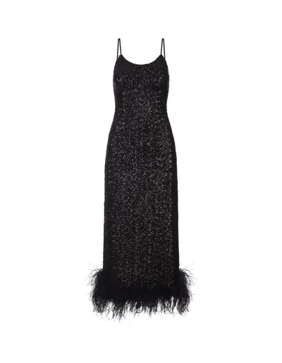 Oseree Black Sequined Petticoat Dress With Feathers