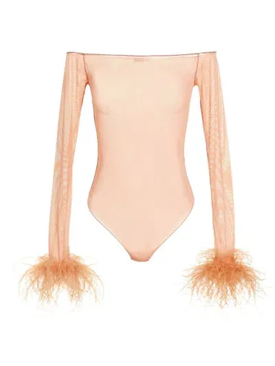 Oseree Feather-trimmed Mesh Bodysuit In Rosado