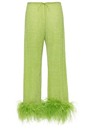 Oseree Lumiere Feather-trim Trousers In Green