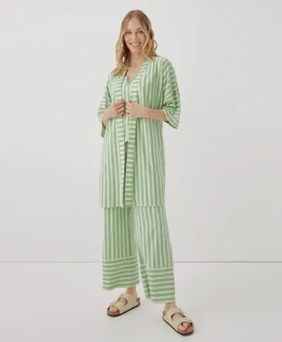 Pact Organic Staycation Short Robe In Hideaway Stripe Jade