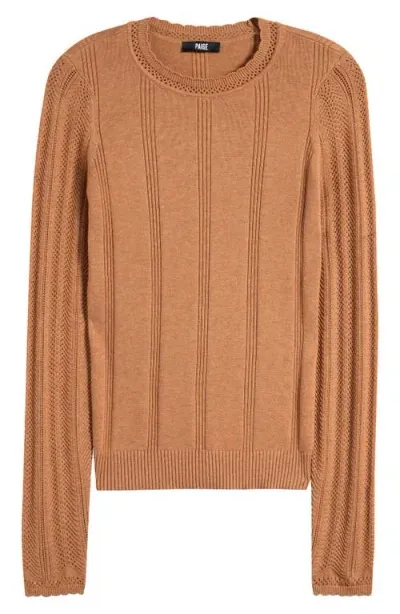 Paige Claire Pointelle Organic Cotton Blend Crewneck Sweater In Macchiato Beige