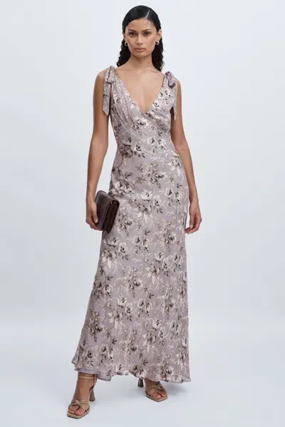 Paige Satin Floral Maxi Dress With Silk In Pewter Multi