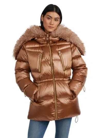 Pajar Electra Ladies Mid Puffer Coat With Detachable Sherpa Lined Split Hood In Copper