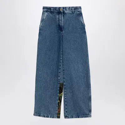 Palm Angels Baggy Jeans With Jungle Insert In Blue