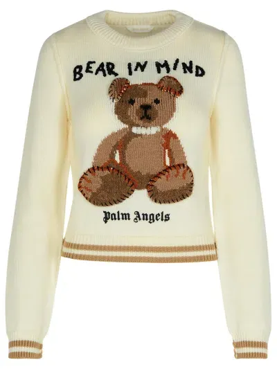 Palm Angels 'bear' Cream Wool Sweater In White