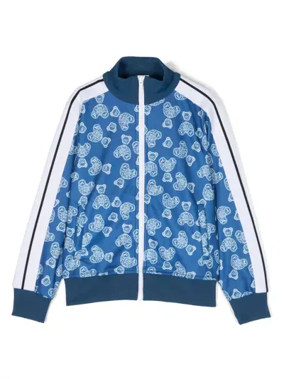 Palm Angels Kids' Bear-motif Zip-up Sweatshirt In Blue