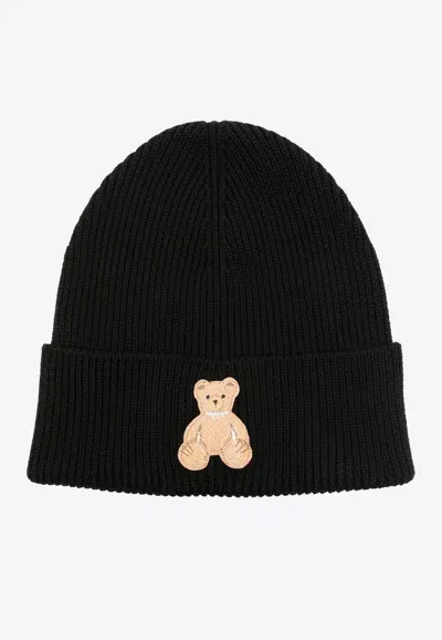 Palm Angels Bear Patch Knitted Beanie In Black