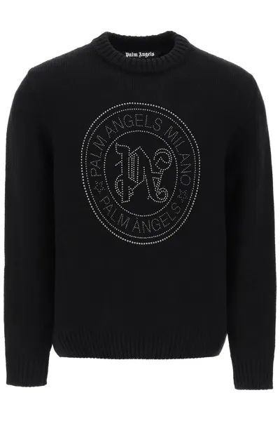 Palm Angels Men's Black Wool And Cashmere Pullover With Monogram Embellishment In Multicolor