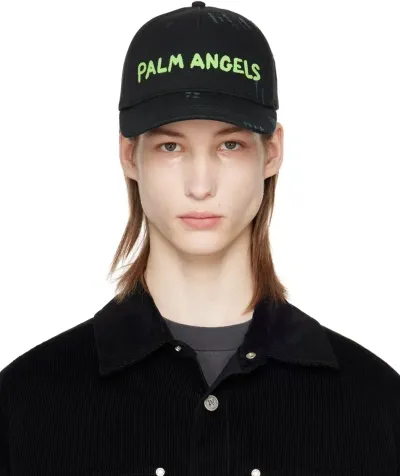 Palm Angels Black Logo Cap In Black Green Fluo