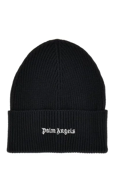 Palm Angels Black Wool Blend Beanie Hat In 1001